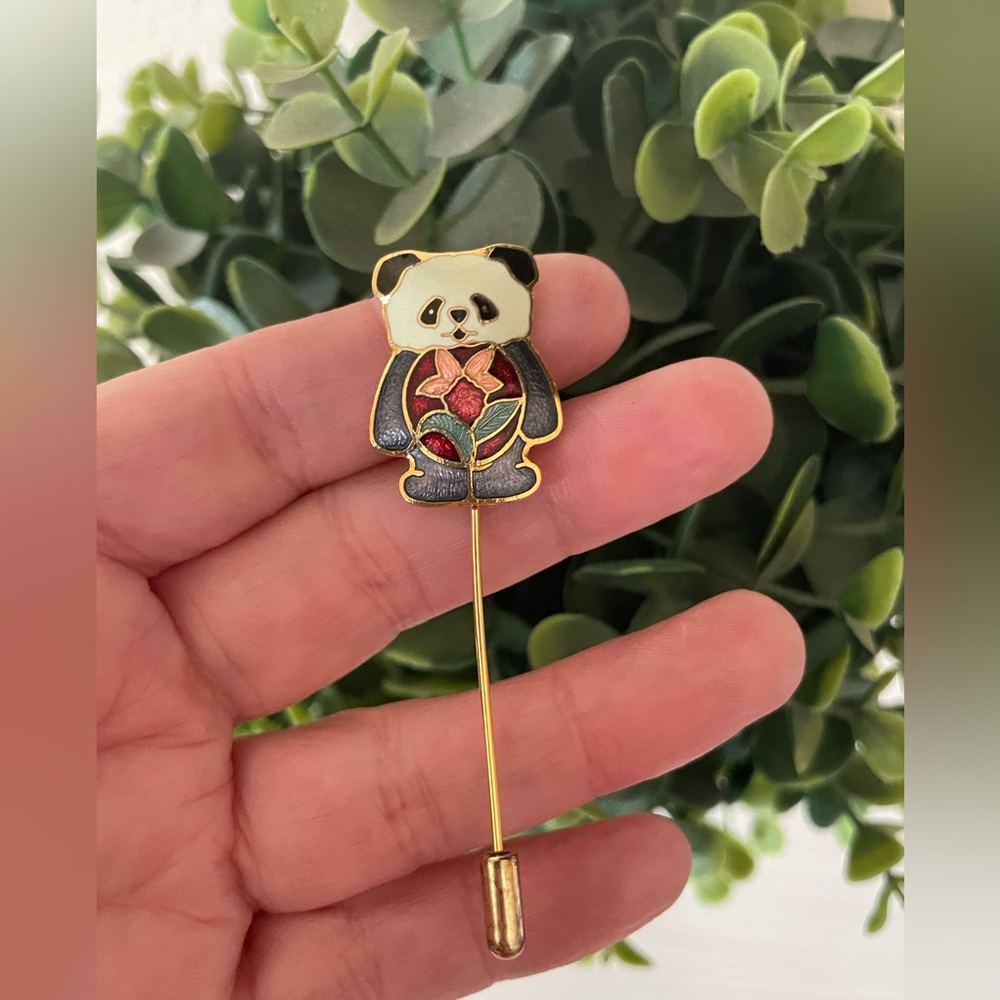 Vintage Panda Bear Cloissone Stick Pin Gold Tone Metal Purple,Black and White